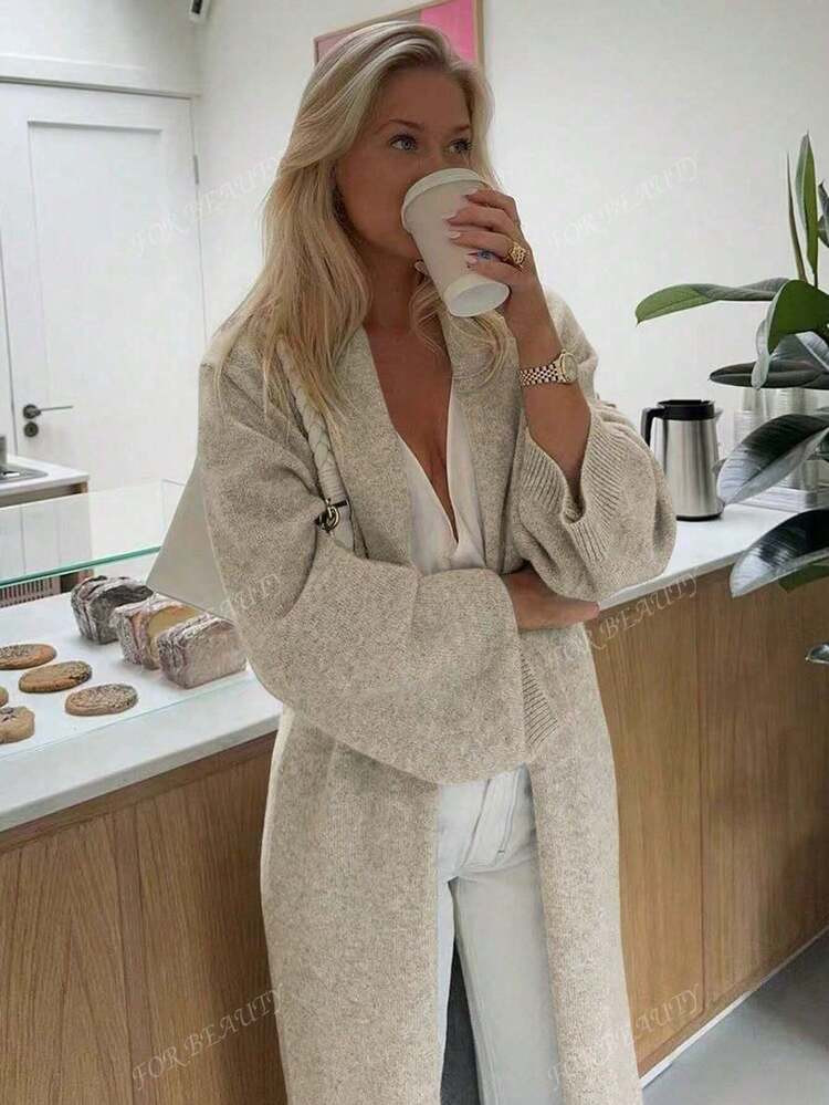 Nouveau Pull Tricoté Simple À Col En V Pur Pour La Maison, Style Paresseux D'automne Et D'hiver Pour Femmes. Nouveau Cardigan Doux, Décontracté Et Confortable. Mode Navette Mi-Longue Pour Halloween | SHEIN