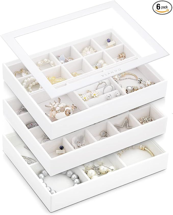 Vlando Medium Stackable Jewelry Organizer Trays, Faux Leather Jewelry Drawer Dresser Storage Disp... | Amazon (US)