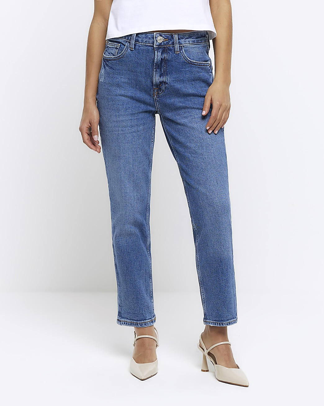 Petite blue high waisted slim straight jeans | River Island (UK & IE)