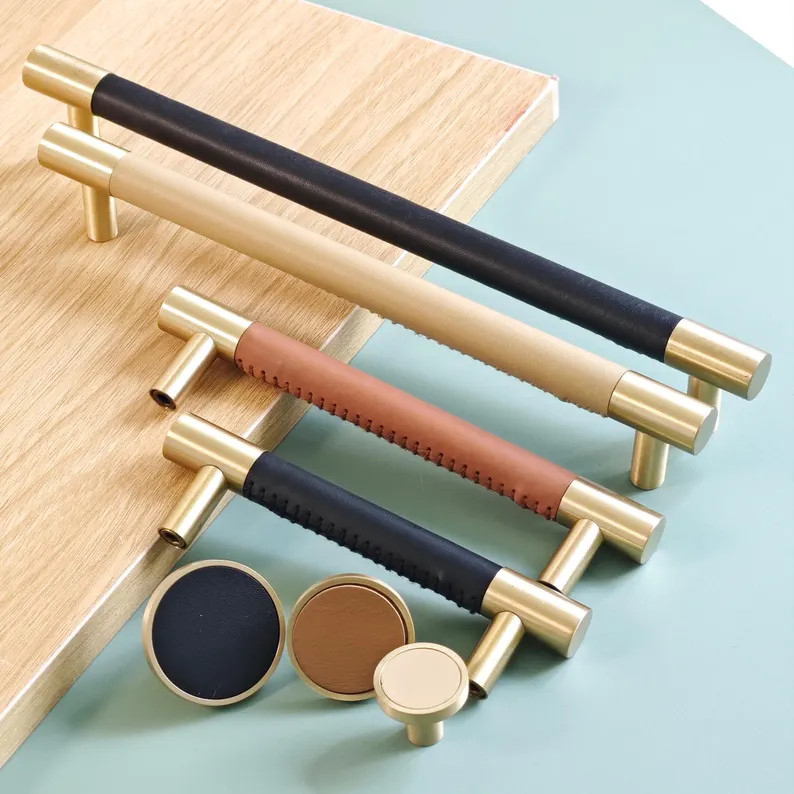 Raw Leather and Brass Cabinet Knob or Pull - Brown Leather Drawer Handles L005 - Etsy | Etsy (US)