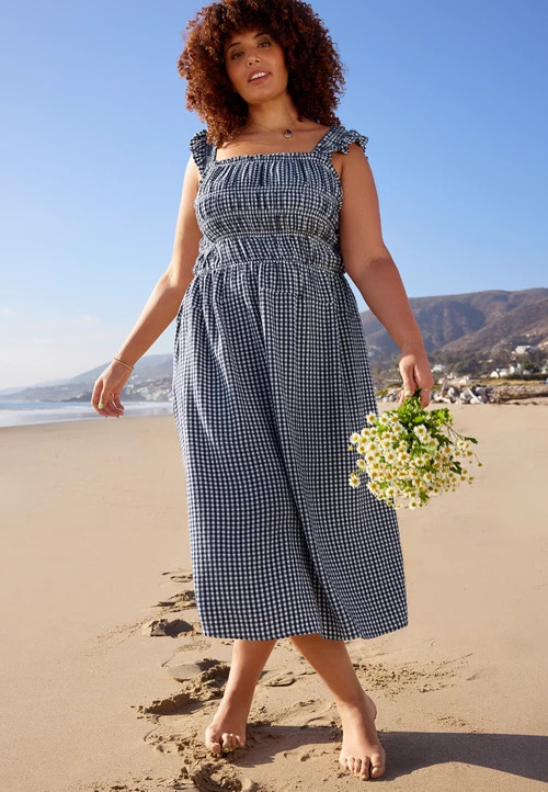 Plus Size Gingham Micro Flutter Sleeve Midi Dress | Maurices