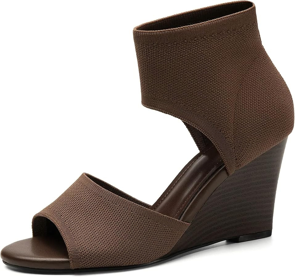 NEWBELLA Women's Peep-Toe Wedge Sandals, Stretchy Knit Slip-On Ankle Booties, Summer Dressy Heels | Amazon (US)