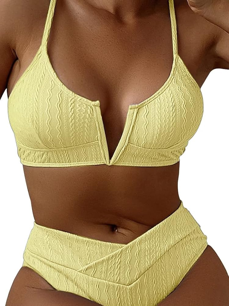 HYTENSUN Women's V Cut High Waisted Bikini Ribbed V-Wired Cami Two Pieces Swimsuit | Amazon (US)