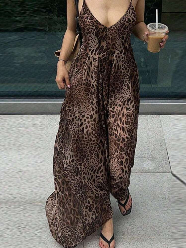Summer Women's Y2K Leopard Print Deep V Zero Neck Strapless Maxi Dress,Simple, Sexy And Loose, Suitable For Parties/Vacation/Music Festivals | SHEIN