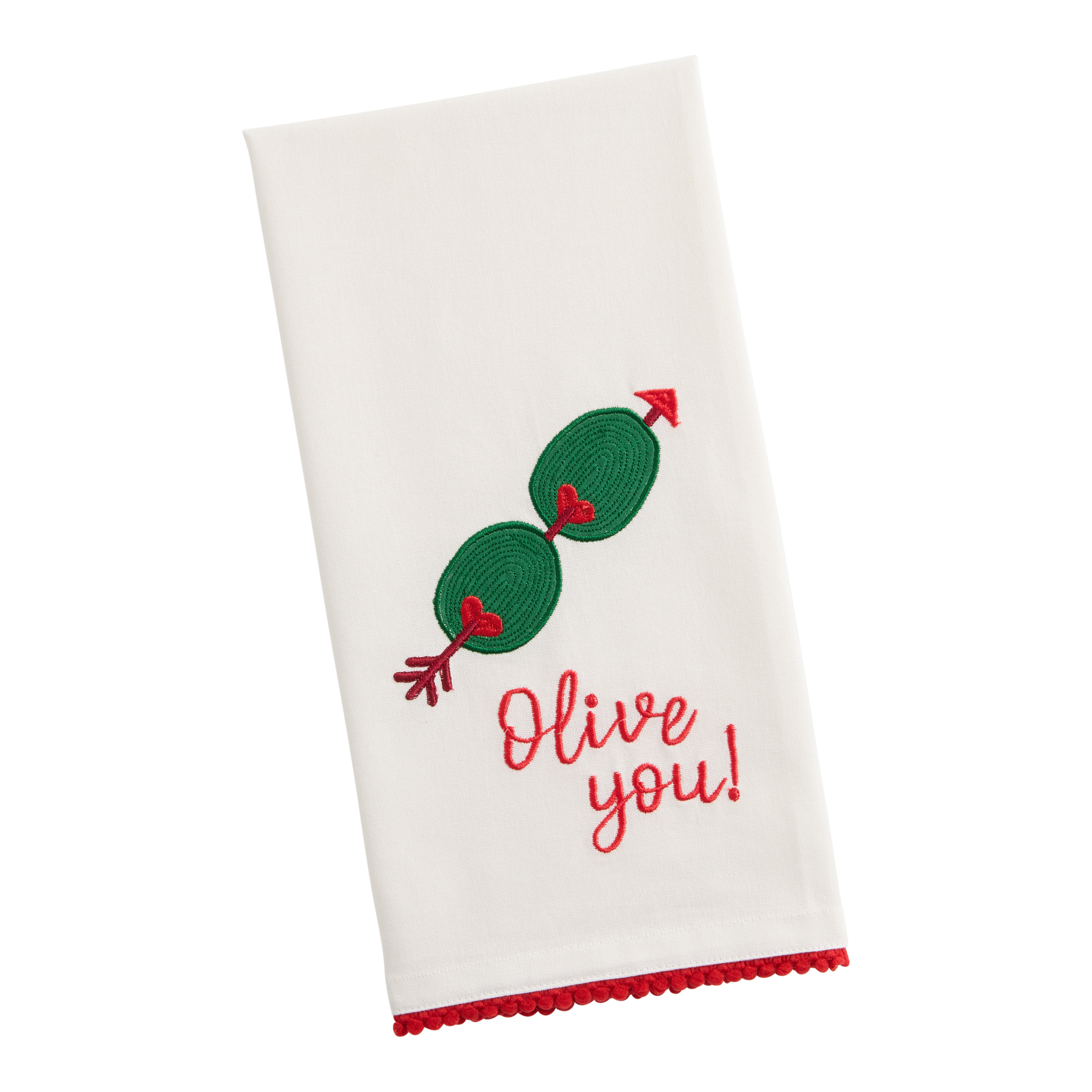 White and Red Olive You Embroidered Kitchen Towel | World Market