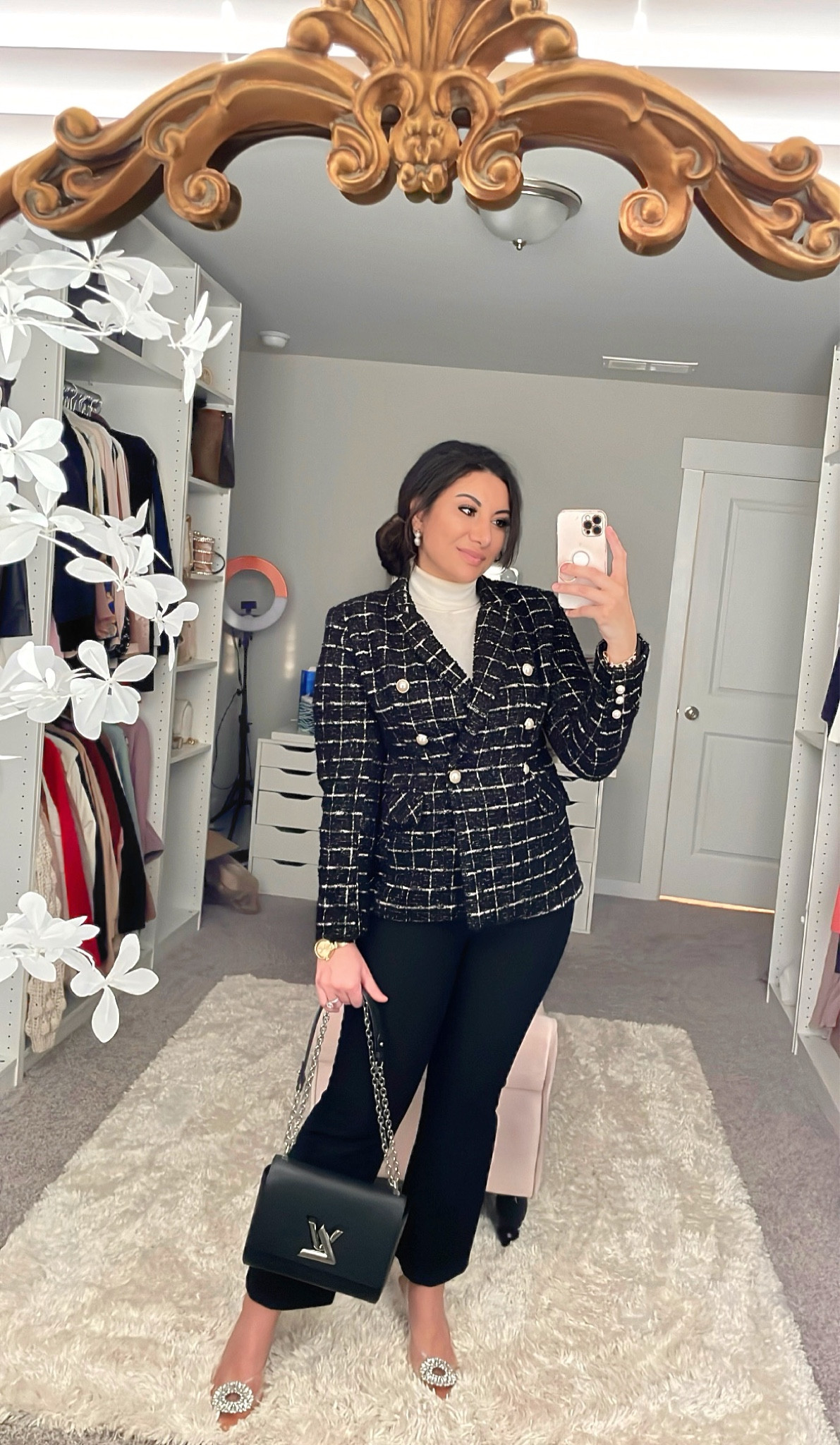 Black sparkly tweed double breasted blazer jacket with pearl buttons— bought this in store at TJ Maxx but linked many similar dupes! 

#LTKFind #LTKstyletip #LTKunder100