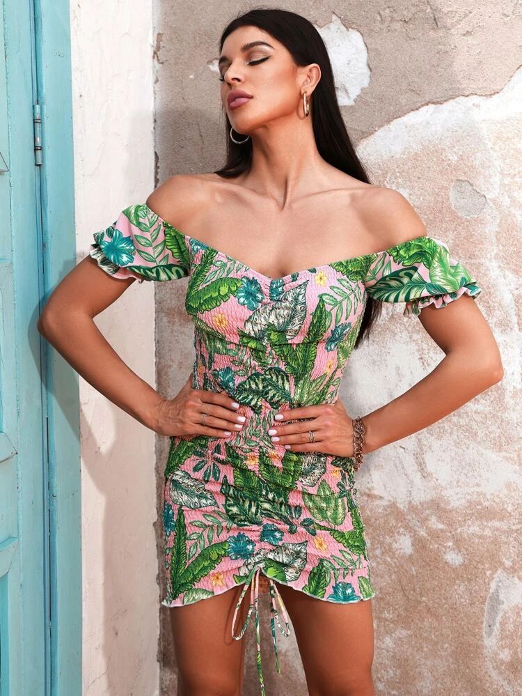 Tropical Print Off Shoulder Shirred Bodycon Dress | SHEIN