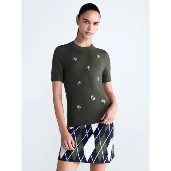 Free Assembly Women's and Women's Plus Embellished Cozy Yarn Sweater with Short Sleeves, Sizes XS... | Walmart (US)