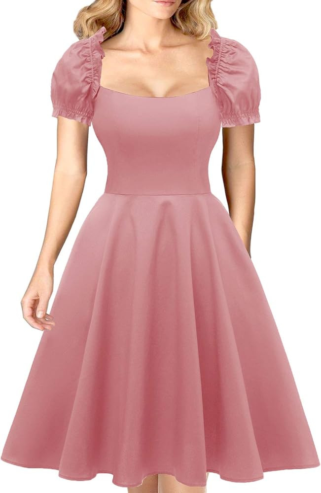 Hanpceirs Women's Puff Short Sleeve 1950s Party Dresses Square Neck Aline Dress with Pockets | Amazon (US)