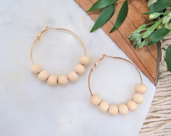 Wood Bead Hoop Earrings Gold Hoop Earrings Dainty Wooden | Etsy | Etsy (US)