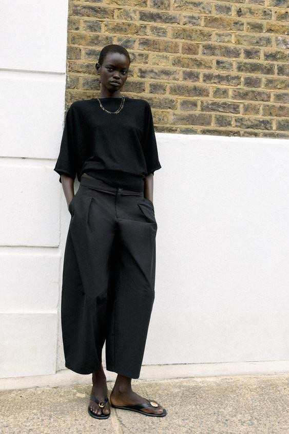 Zara - Poplin Barrel Pants - Black - L - Woman | Zara US