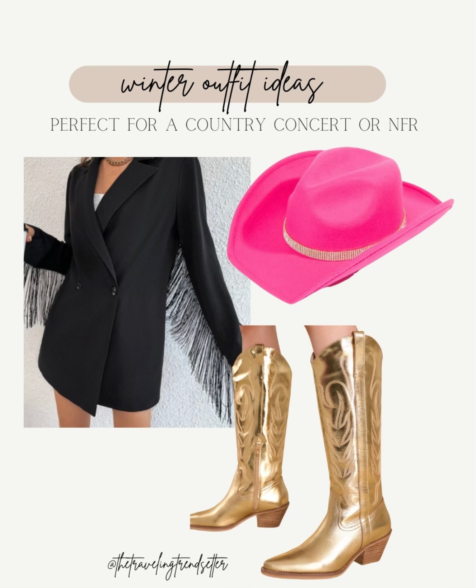 Winter outfit idea for your next country concert, NFR or holiday party! This western inspired style includes a pink cowboy hat, gold cowboy boots and a black fringe dress. Shop here! #countrygirloutfit #westernoutfit #cowboyboots

#LTKSeasonal #LTKstyletip #LTKHoliday