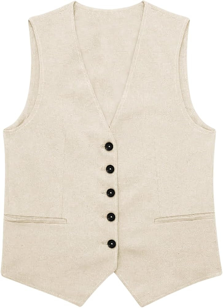 MakeMeChic Women's Vest Top Asymmetrical V Neck Button Down Sleeveless Cropped Vest Waistcoat | Amazon (US)