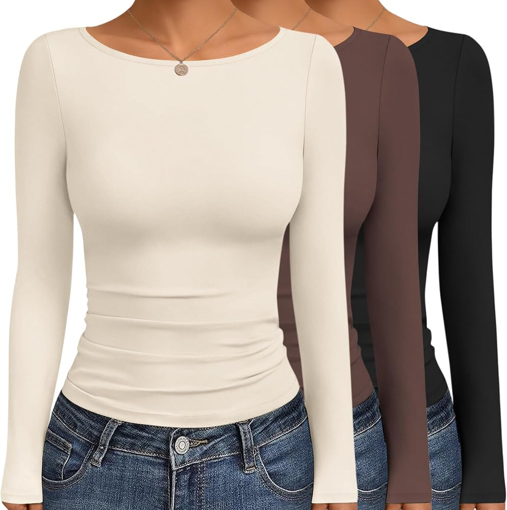 Ekouaer Women's Boat Neck Tops 3 Packs Long Sleeve Shirts Ruched Fall Fashion 2025 Outfits Basic ... | Amazon (US)