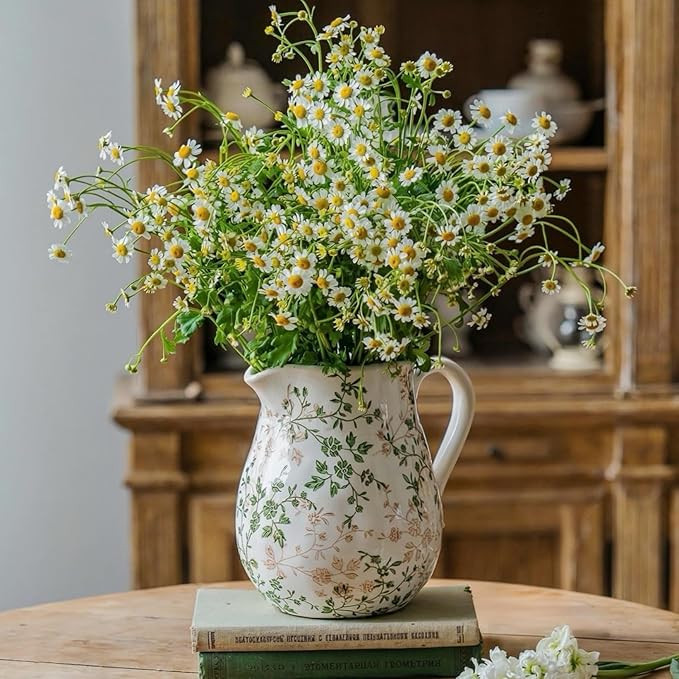 Ceramic Green and White Floral Vase with Handle, Rustic Farmhouse Pitcher Flower Vase, Chinoiseri... | Amazon (US)