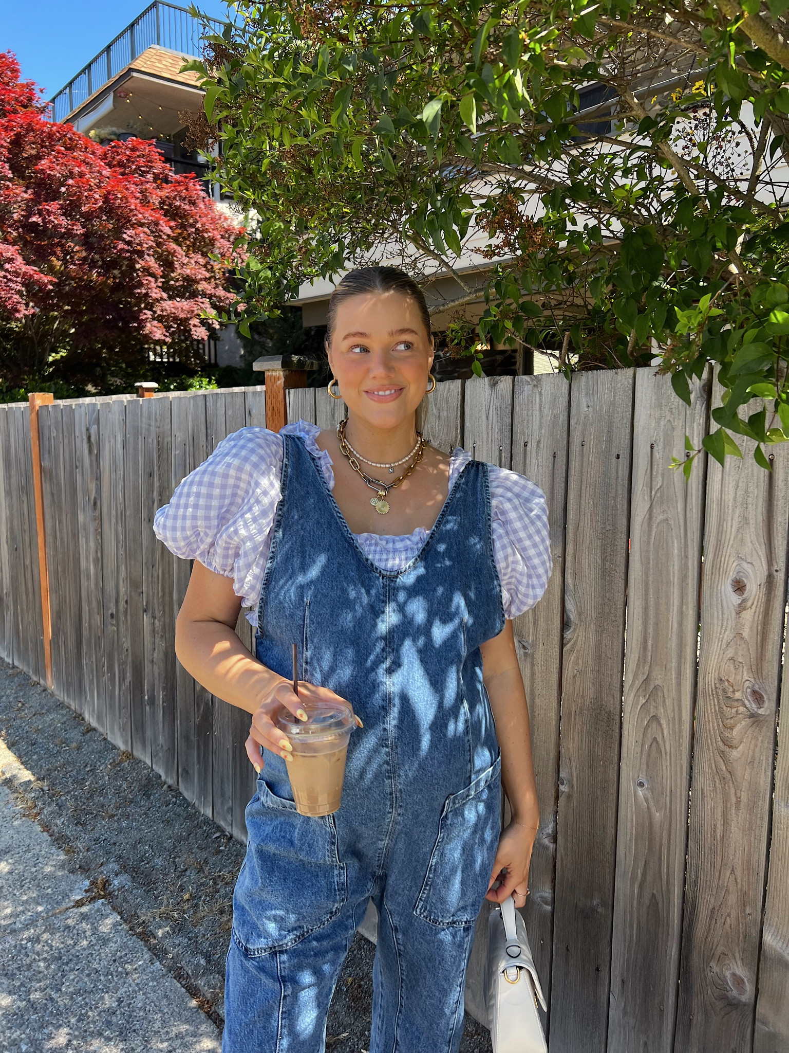 Two piece gingham set size large! I went up a size for bump & chest and it fits great. Love that I can wear the top with other outfits too. Size M in free people overalls they’re a soft denim and loose fit. TTS! Linked similar also!