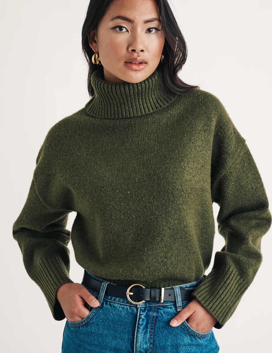 Khaki Green Knitted Roll Neck Jumper | Nobody's Child