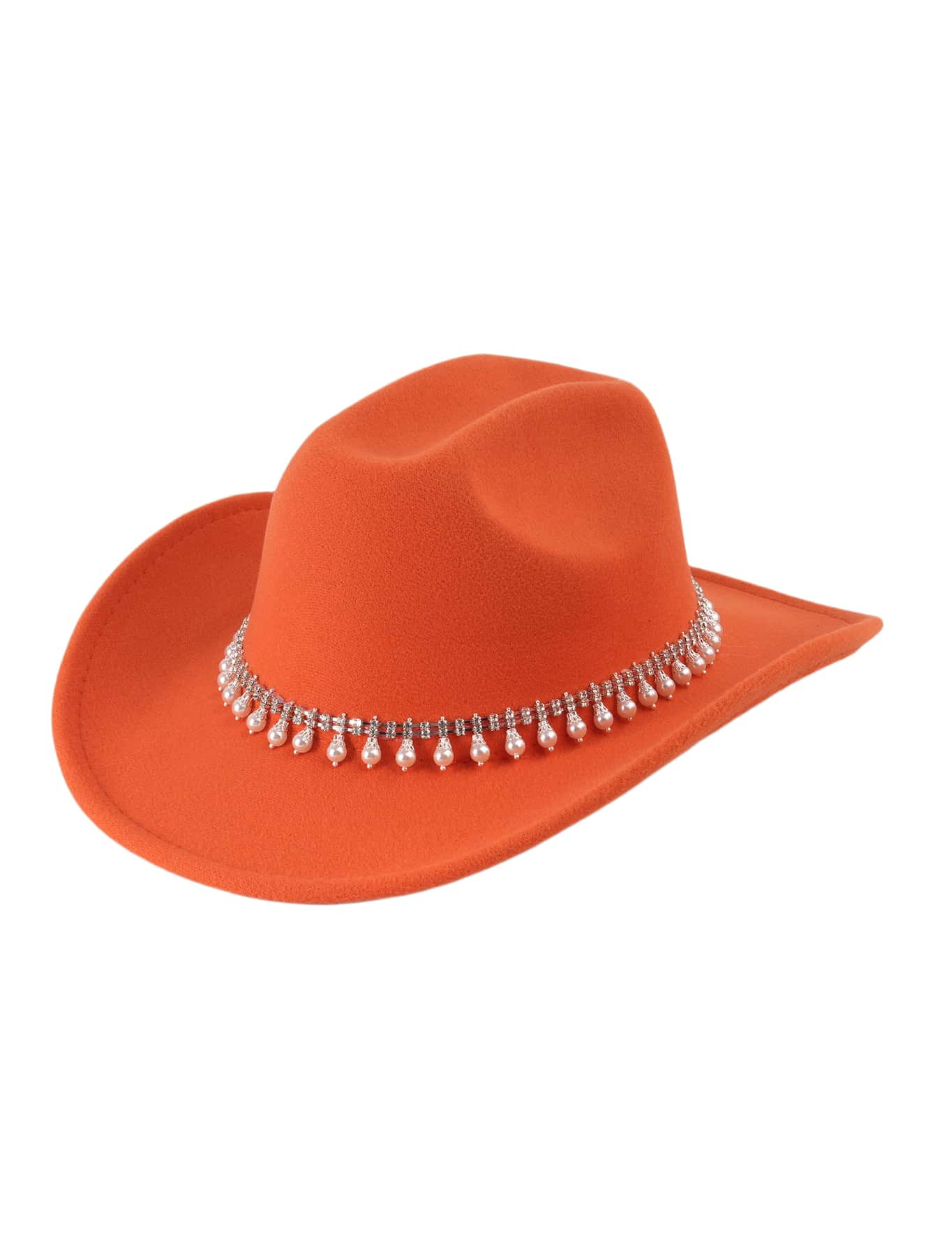 1pc Orange Western Style Cowgirl Hat For Women With Pearl & Rhinestone Decor, Perfect For Party | SHEIN