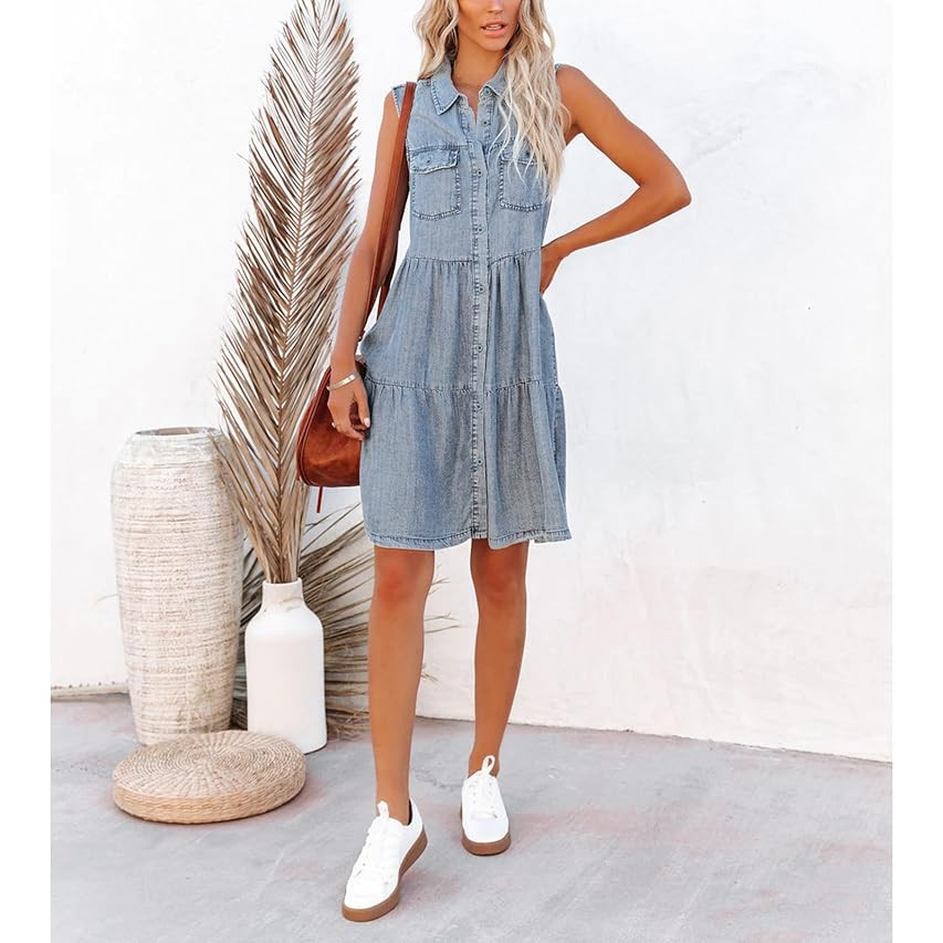 luvamia Women's Casual V Neck Sleeveless Jeans Button Down Denim Short Dress | Amazon (US)