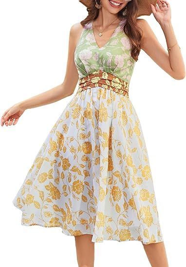 GRACE KARIN Women's Summer Sundress Halter Neck Sleeveless Floral Midi Dress Flowy A-Line Casual ... | Amazon (US)