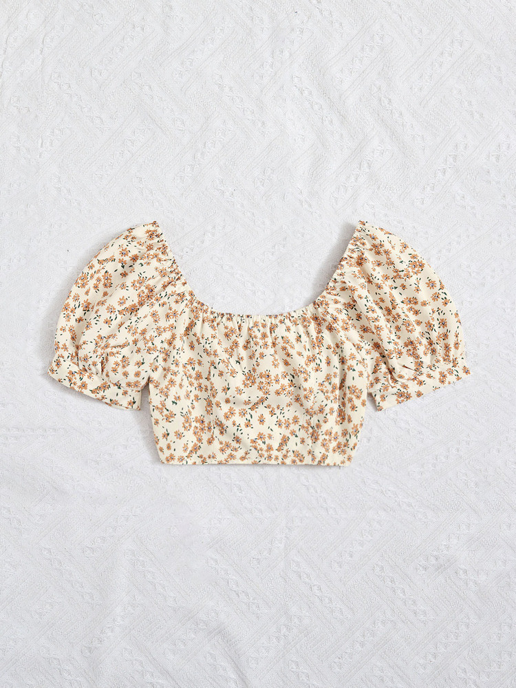 Ditsy Floral Puff Sleeve Knotted Crop Top | SHEIN
