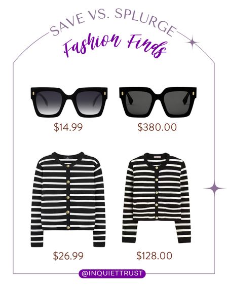 Want to be in style but stay on budget? Here are some affordable sunglasses and striped top alternatives!
#savevssplurge #comfyclothes #fashionfinds #casualstyle

#LTKSeasonal #LTKstyletip