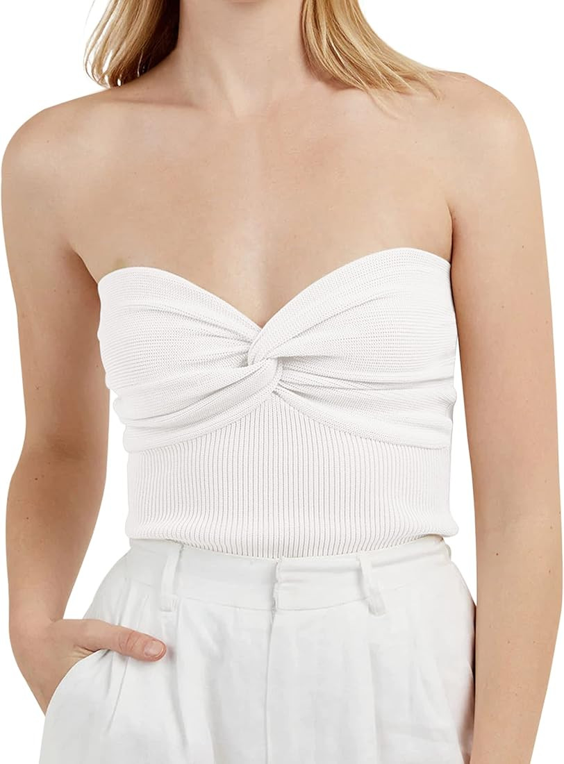 MISSACTIVER Women’s Sexy Twist Front Knitted Tube Top Strapless Solid Ruched Rib-Knit Crop Top ... | Amazon (US)