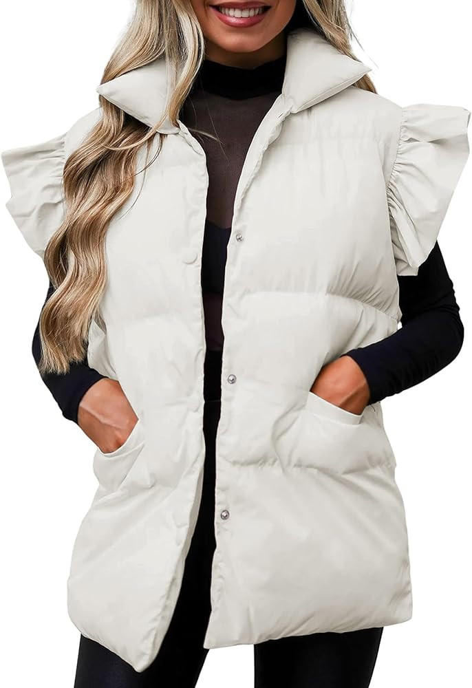 Daacee Women's Ruffled Puffer Vests Winter Button Down Padded Qulited Gilet Jacket with Pocket | Amazon (US)