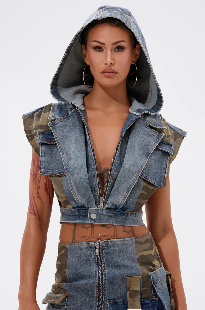 DOWN AND DIRTY DENIM HOODED VEST | AKIRA
