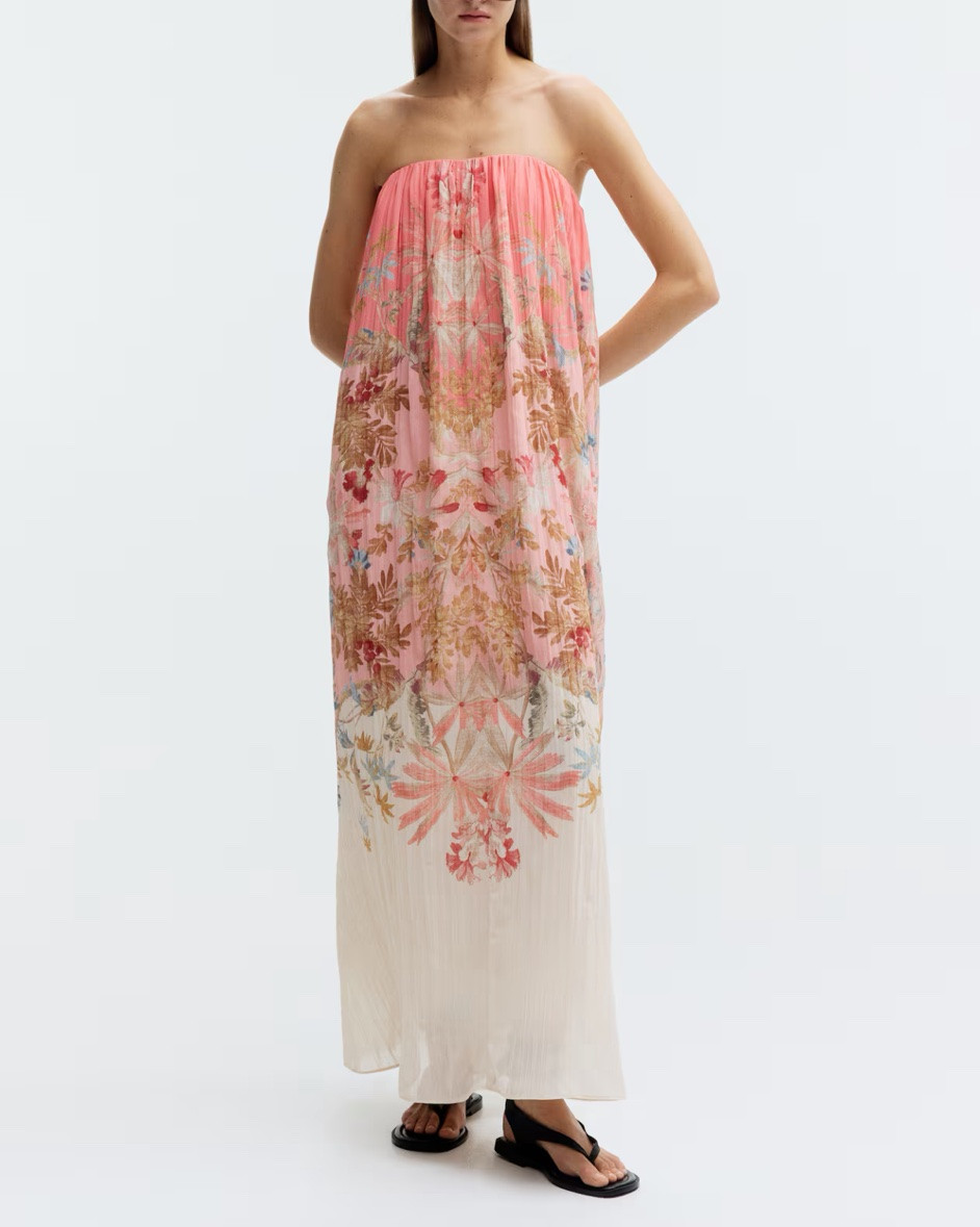 Pink patterned strapless maxi dress 
Wedding guest dress

#LTKSeasonal