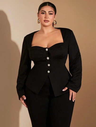 SHEIN BAE Plus Size Curve Autumn And Winter Elegant Casual Business Party Big Woman Black Large S... | SHEIN