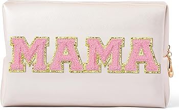 Y1tvei Preppy Patch Extra Large Mama Varsity Letter Makeup Bag Pink Chenille Letter PU Leather Wa... | Amazon (US)