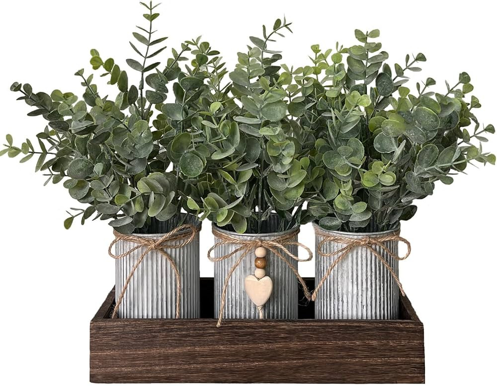 Artificial Flower Decorative Centerpiece, Frosty Green Eucalyptus Table Arrangement with 3 Rustic... | Amazon (US)