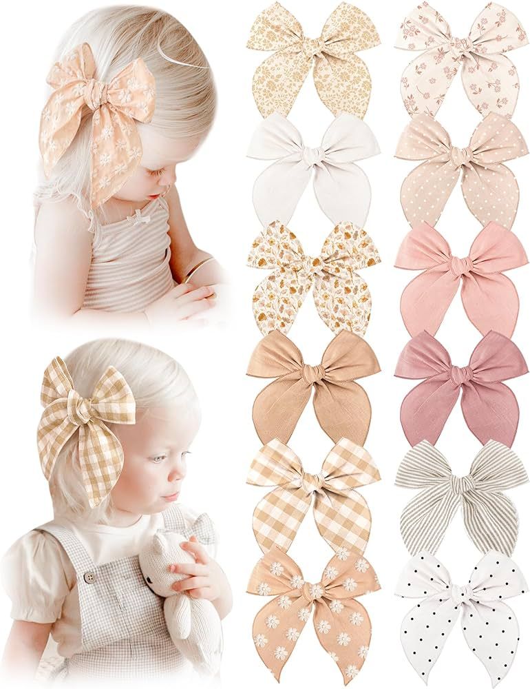 Pack of 12 Fable Girls Hair Bows Cotton Linen Alligator Hair Clips or Little Girls Toddlers Kids ... | Amazon (US)