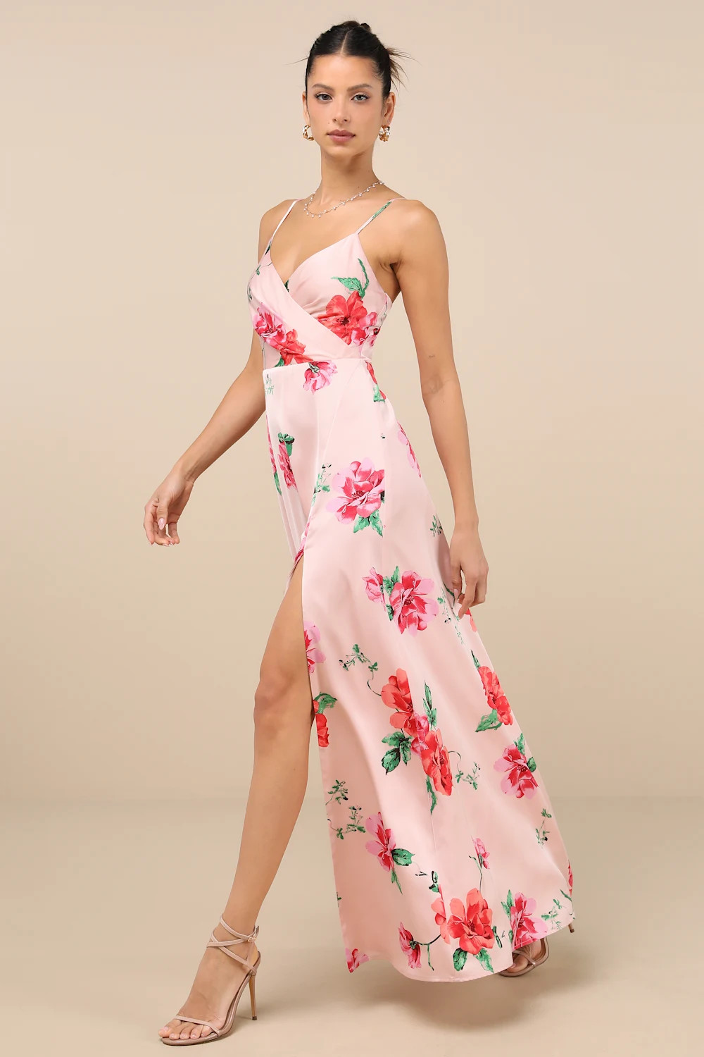 Radiant Occasion Light Pink Floral Satin A-Line Maxi Dress | Lulus