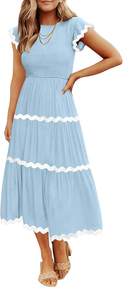 ZESICA Womens Summer Casual Smocked Midi Dress 2026 Flutter Short Sleeve High Waist Tiered Flowy ... | Amazon (US)