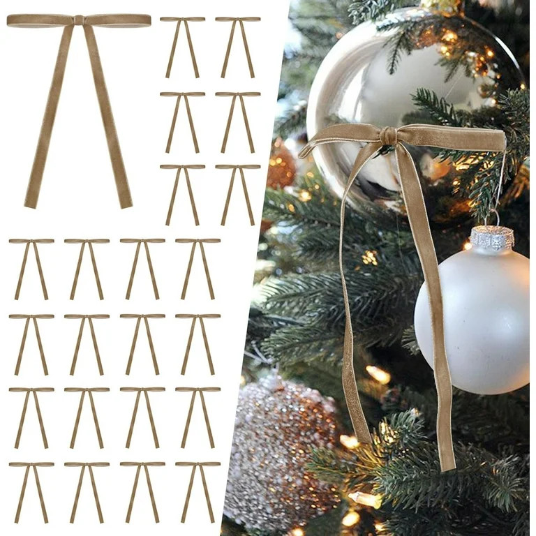 Miguan 24 Pcs Velvet Christmas Tree Bows Door Garland Decor(5 x 7 Inch, Width of 3/8",Khaki) | Walmart (US)