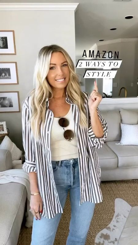 Sized up to a large in the striped button down top and the free people inspired top. Sized up to a 30 I. Th denim jeans, rungs really small. Spring outfit. Spring fashion. Resort wear. Spring break. Looks for less. Denim jeans 

#LTKFind #LTKsalealert