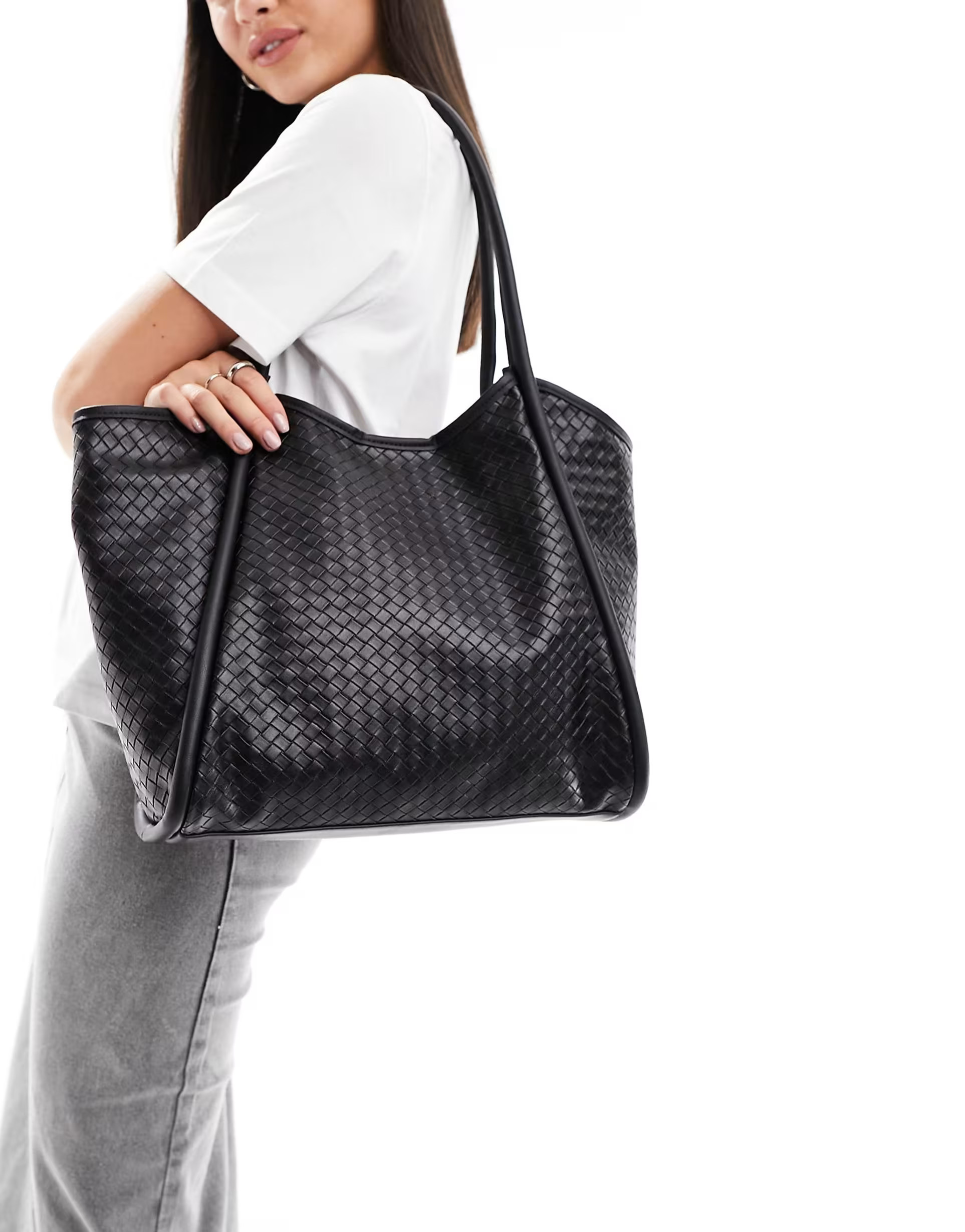 ASOS DESIGN weave tubular tote bag in black | ASOS (Global)