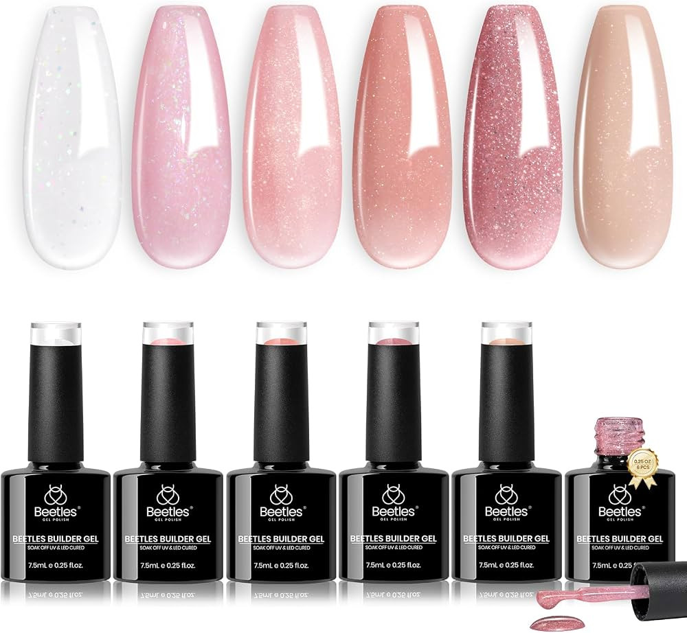 Beetles Builder Gel Set,6 Colors Glitter Shimmer 7 in 1 Nude Pink White Nail Thickening Strengthe... | Amazon (US)