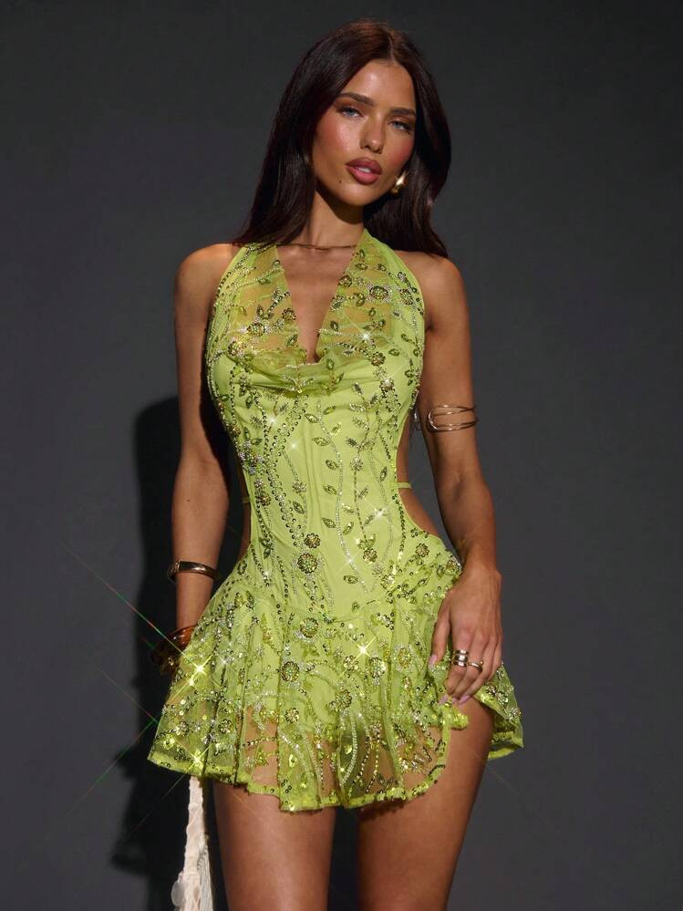 SHEIN BAE Solid Green Elegant Beaded Embroidery Halter Backless Tie Strap Mini Dress For Women, Suitable For Vacation, Elegant Party, Night Out, Banquet, Music Festival,Club Outfits Women Sexy,Cocktail Dresses For Women,Black Mini Skirt,Rave Outfits,Party Dresses For Women,Night Out Dress,Party,Party Dress | SHEIN