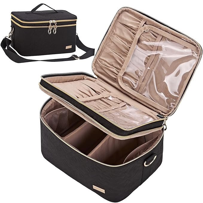 NISHEL Double Layer Travel Makeup Bag with Strap, Large Cosmetic Case Organizer Fits Bottles Vert... | Amazon (US)