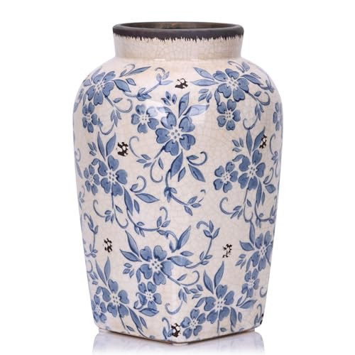 Blue and White Floral Vase - 9.7" Vintage Ceramic Pottery for Centerpieces, Rustic Farmhouse Jar for Home Decor, Chinoiserie Decor Flower Container, Chinoiserie Accent Piece, Modern Farmhouse Vessel | Amazon (US)
