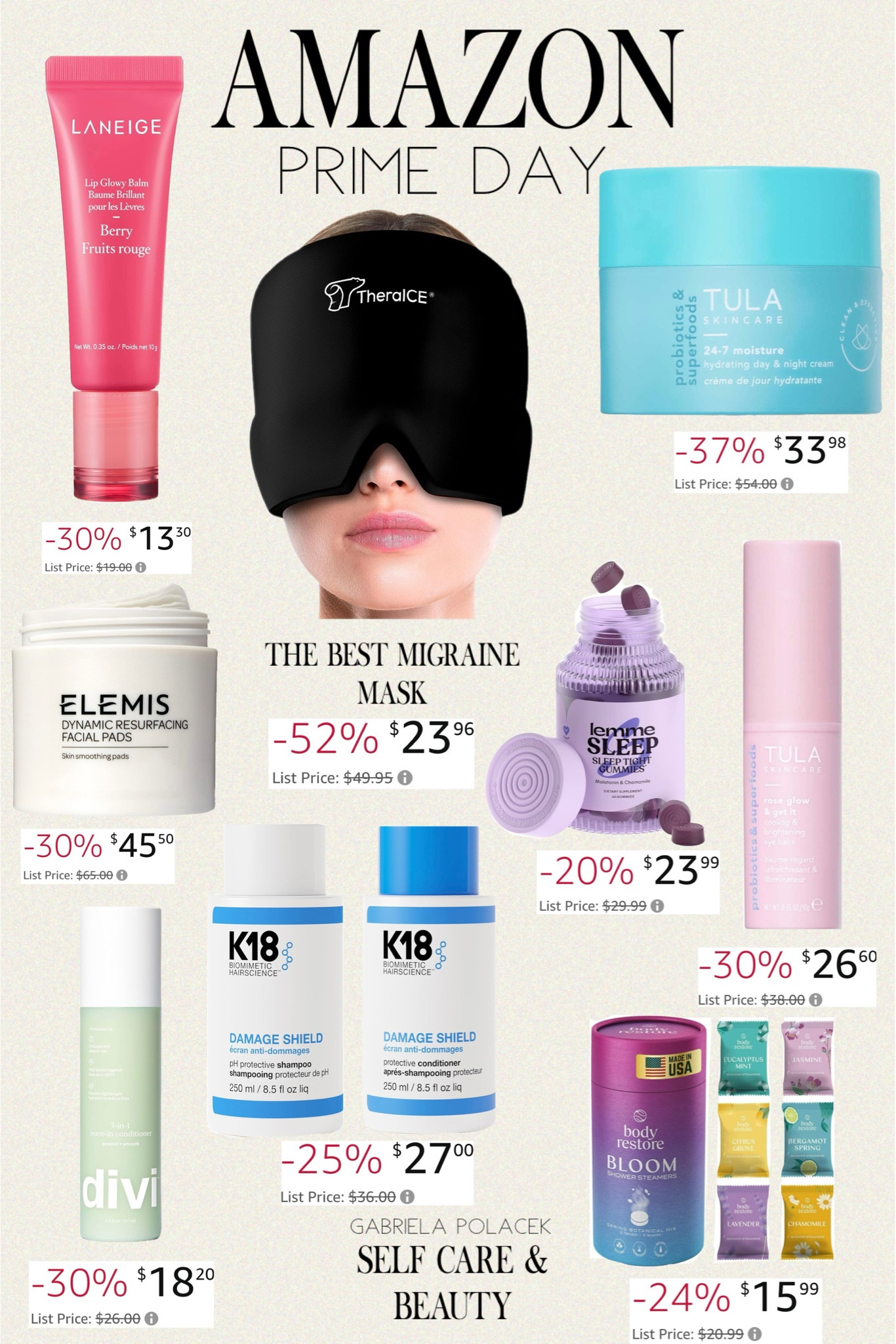 Amazon big prime days are here!! Personal care & beauty. Great gift idea for her. LANEIGE Lip Glowy Balm | TULA Skin Care 24-7 Hydrating Day & Night Cream | COSRX Snail Mucin 96% Power Repairing Essence | TheraICE Migraine Relief Cap, Soothing Headache Ice Pack Mask | Living proof Dry Shampoo | K18 Damage Shield Protective Conditioner | K18 Damage Shield Protective Shampoo | TULA Skin Care Eye Balm Rose Glow - Dark Circle Treatment | ELEMIS Dynamic Resurfacing Facial Pads | Body Restore Shower Steamers Aromatherapy 6 Pack

#amazon #primeday #beauty #polacek 

#LTKxPrimeDay #LTKBeauty #LTKGiftGuide