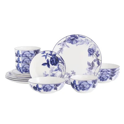 Blue Floral Rose Bone China Dinnerware Set, Service for 4, 16 Piece, Microwave and Dishwasher Safe Dinner plates, Salad Plates, Bowls. | Wayfair North America
