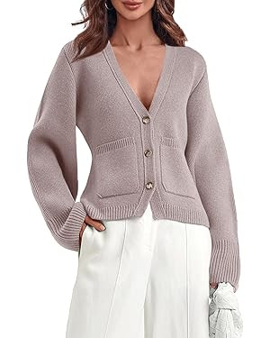 Saodimallsu Womens Deep V Neck Cardigan Sweaters Open Front Button Down Long Sleeve Cropped Knit ... | Amazon (US)