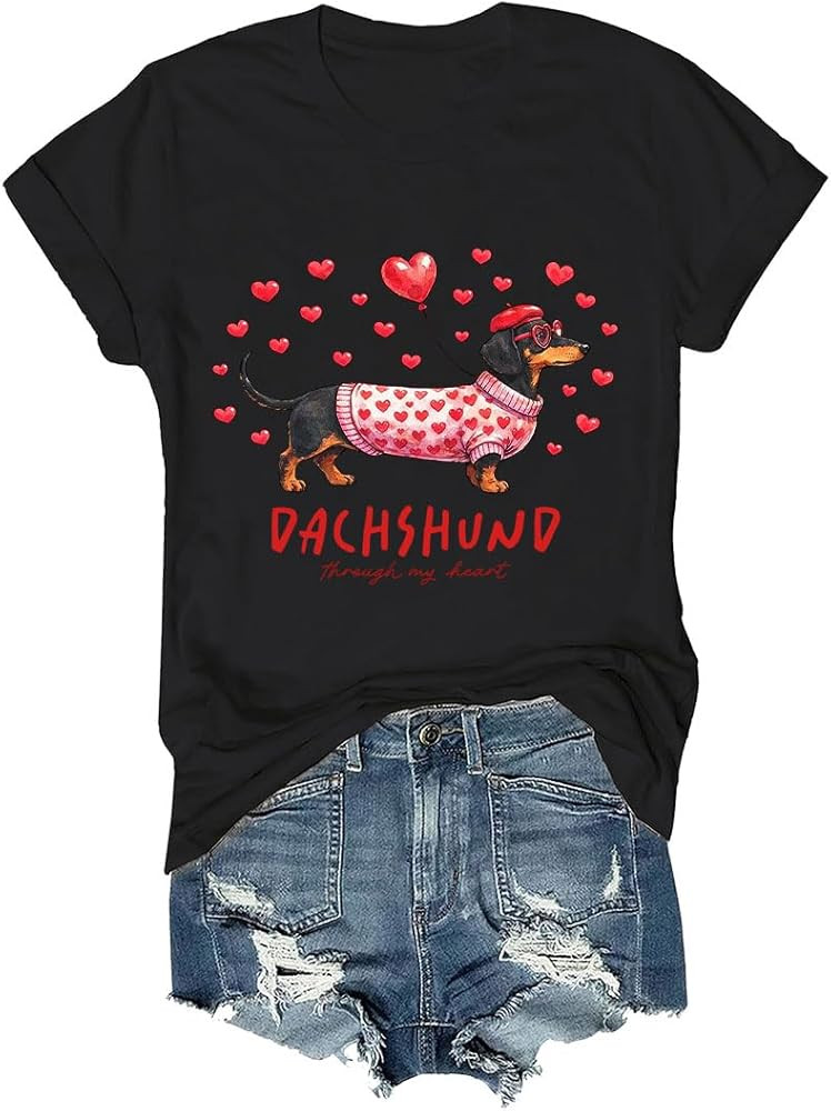 Dachshund Valentine T-Shirt, Dachshund Through My Heart Tee Valentine’s Day Dog Shirt for Women | Amazon (US)
