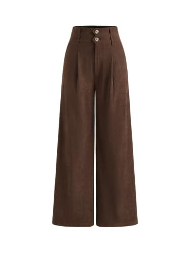 CIDER Corduroy Pants Women Wide Leg Trousers High Waist Pleated Double Button Pocket High Waist Casual Pants Brown | Amazon (US)