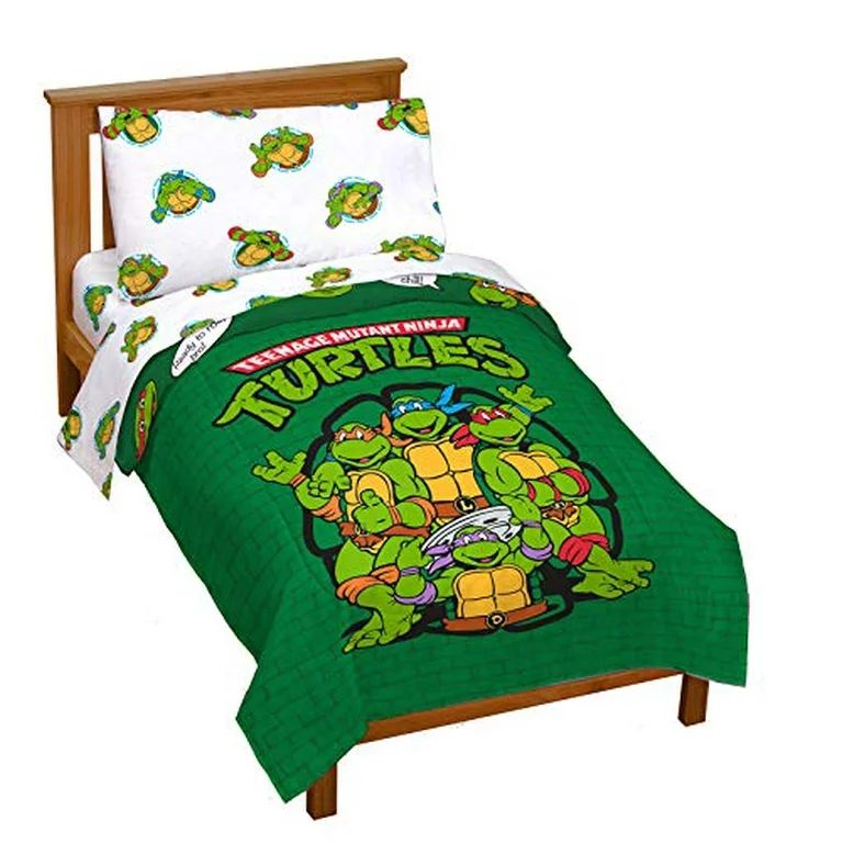 Nickelodeon Teenage Mutant Ninja Turtles Green Bricks 4 Piece Toddler Bed Set, 100% Microfiber - ... | Walmart (US)