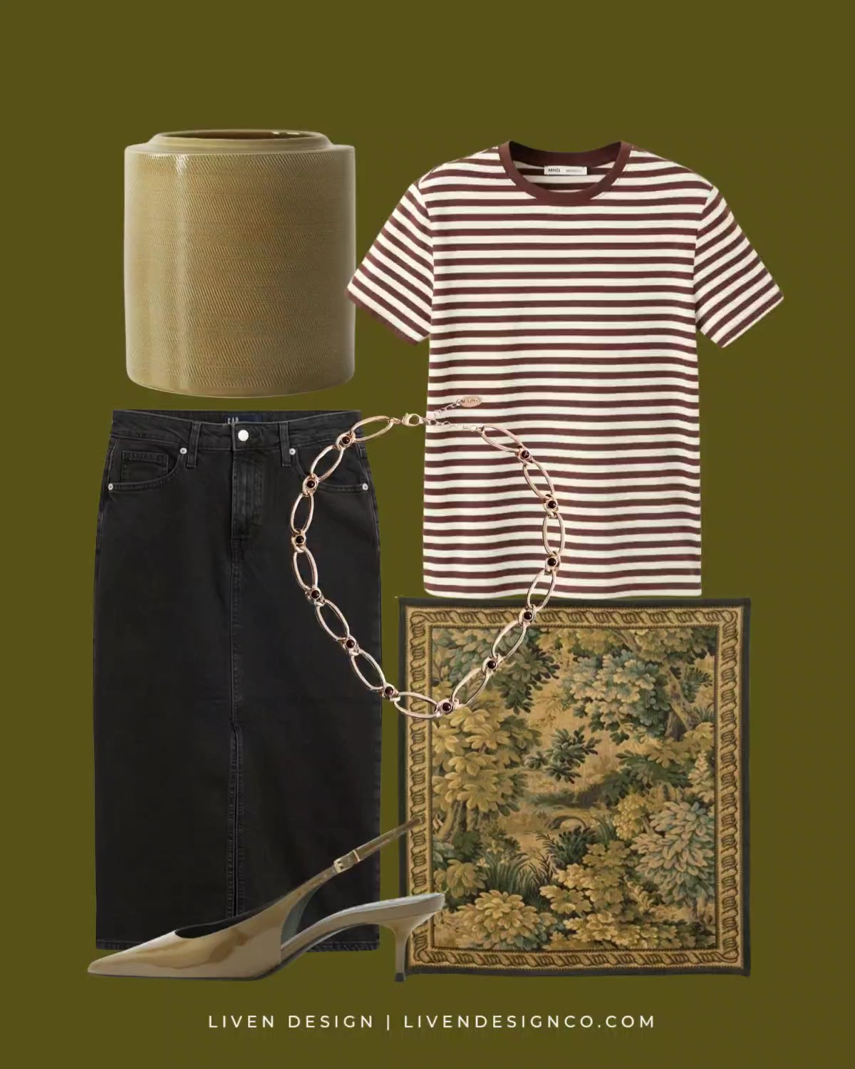 New discoveries. Style inspiration. Outfit inspiration. Womens outfits. Fall style. Striped tee. Gap. Black denim skirt. Tapestry wall hanging. Glazed vase. Mango. Chain necklace. Patent slingback heels

#LTKSeasonal #LTKHome #LTKSaleAlert